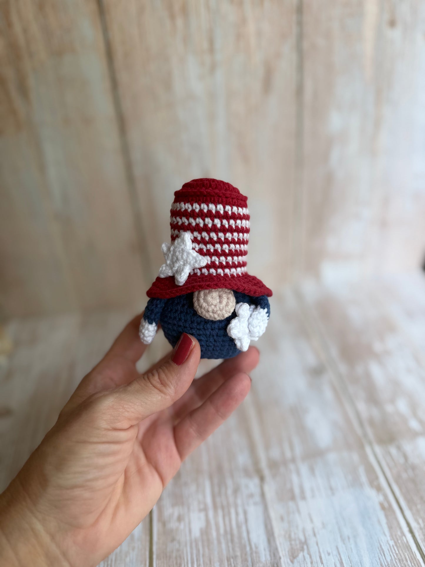 Uncle Sam Crochet Gnome Patriotic Holiday Decor, Stars & Stripes Gnome – Handmade 4th of July Cutie, Red, White & Blue Gnome Mini Patriotic Amigurumi, Liberty Hat Gnome Crochet Americana Decor, USA Striped Hat Gnome