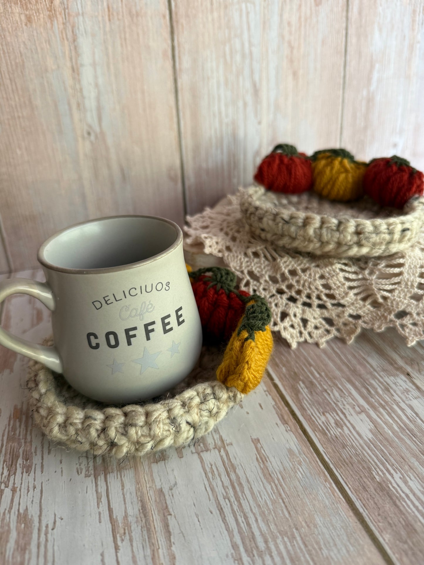 Crochet Pumpkin Patch Coasters, Handmade Fall Coasters, Rustic Pumpkin Design, Autumn Harvest Crochet Coasters, Pumpkins, Pumpkin Trio Crochet Coasters, Farmhouse Fall Decor