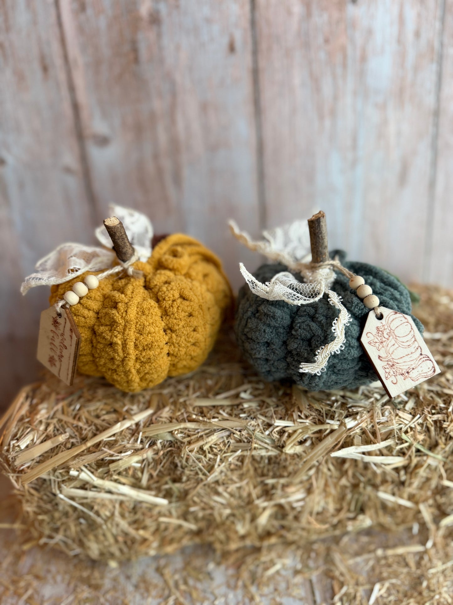Rustic Crochet Pumpkins, Handmade Fall Decoration, Harvest Collection Crochet Pumpkin, Handmade Fluffy Yarn Pumpkins with Rustic Wooden Stems, Mustard, Beige & Teal