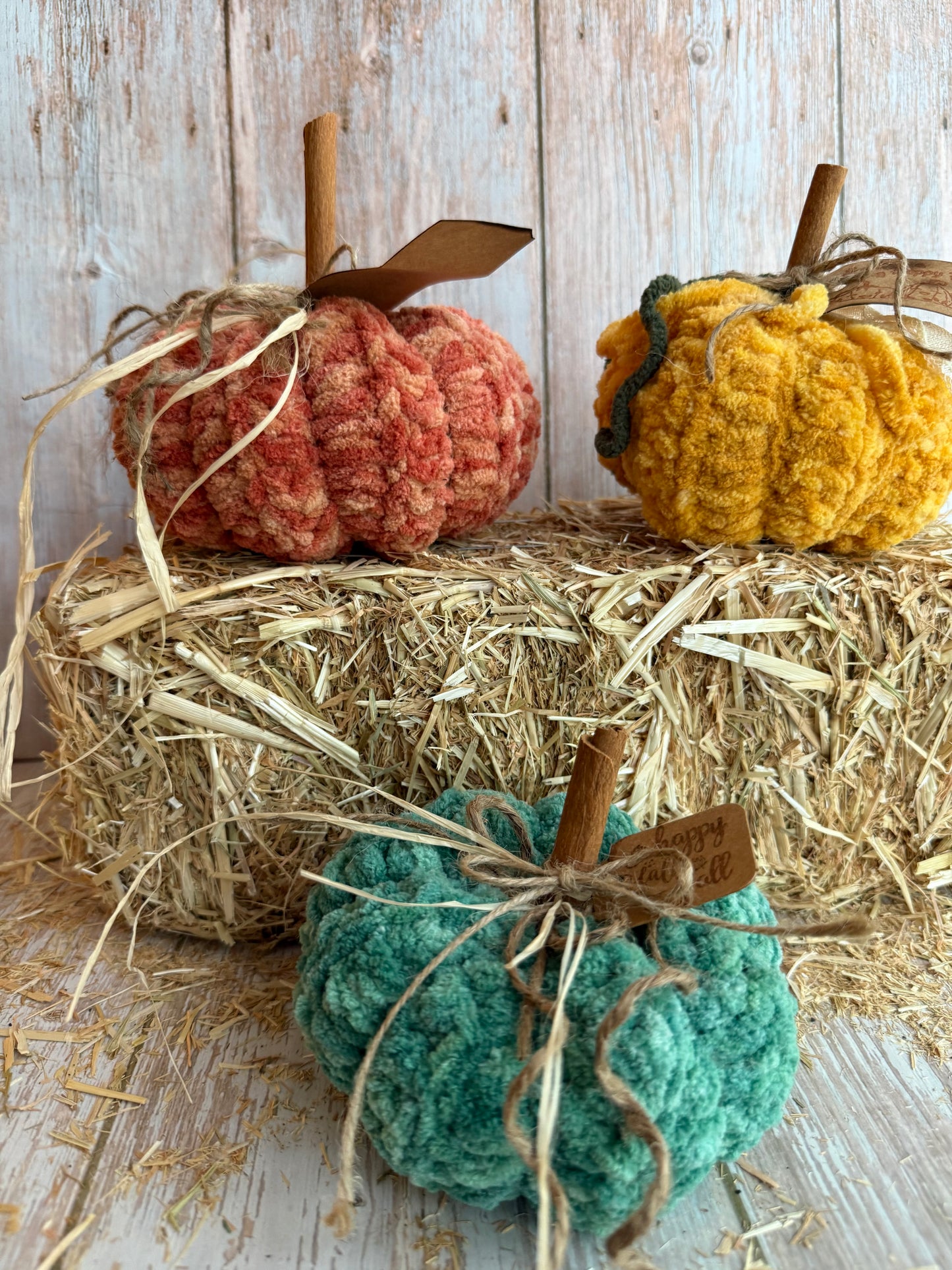 Handmade Fluffy Yarn Pumpkins with Cinnamon Stick Stems, Mustard, Orange & Teal, Cozy Fall Crochet Pumpkins, Handmade in Warm Seasonal Colors, Harvest Collection Crochet Pumpkins, Mustard, Teal & Orange