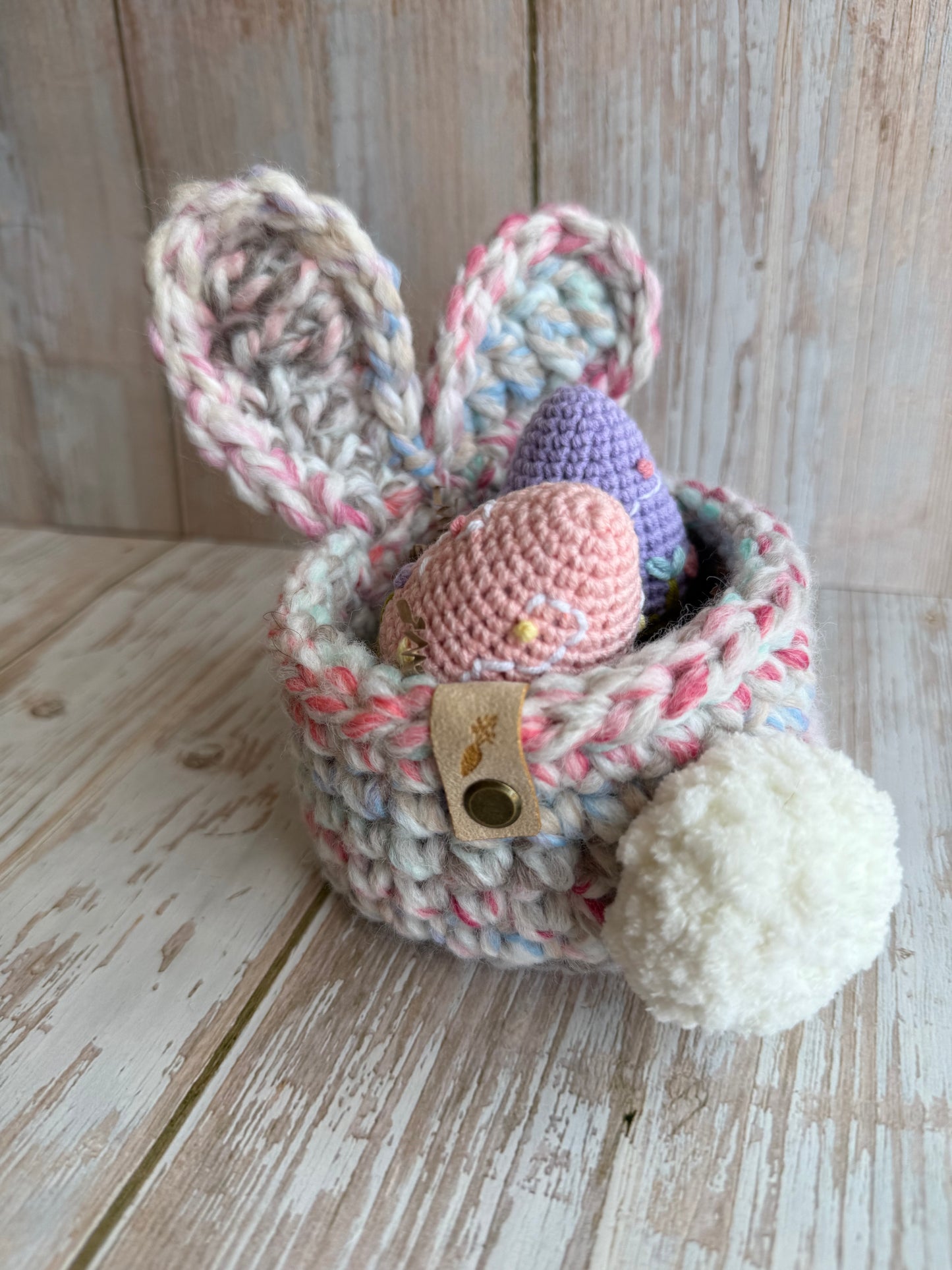 Handmade Bunny Ear Crochet Basket, Easter Bunny Storage Basket, Whimsical Bunny Tail Basket, Pastel Bunny Basket – Cute & Cozy, Chunky Crochet Bunny Basket