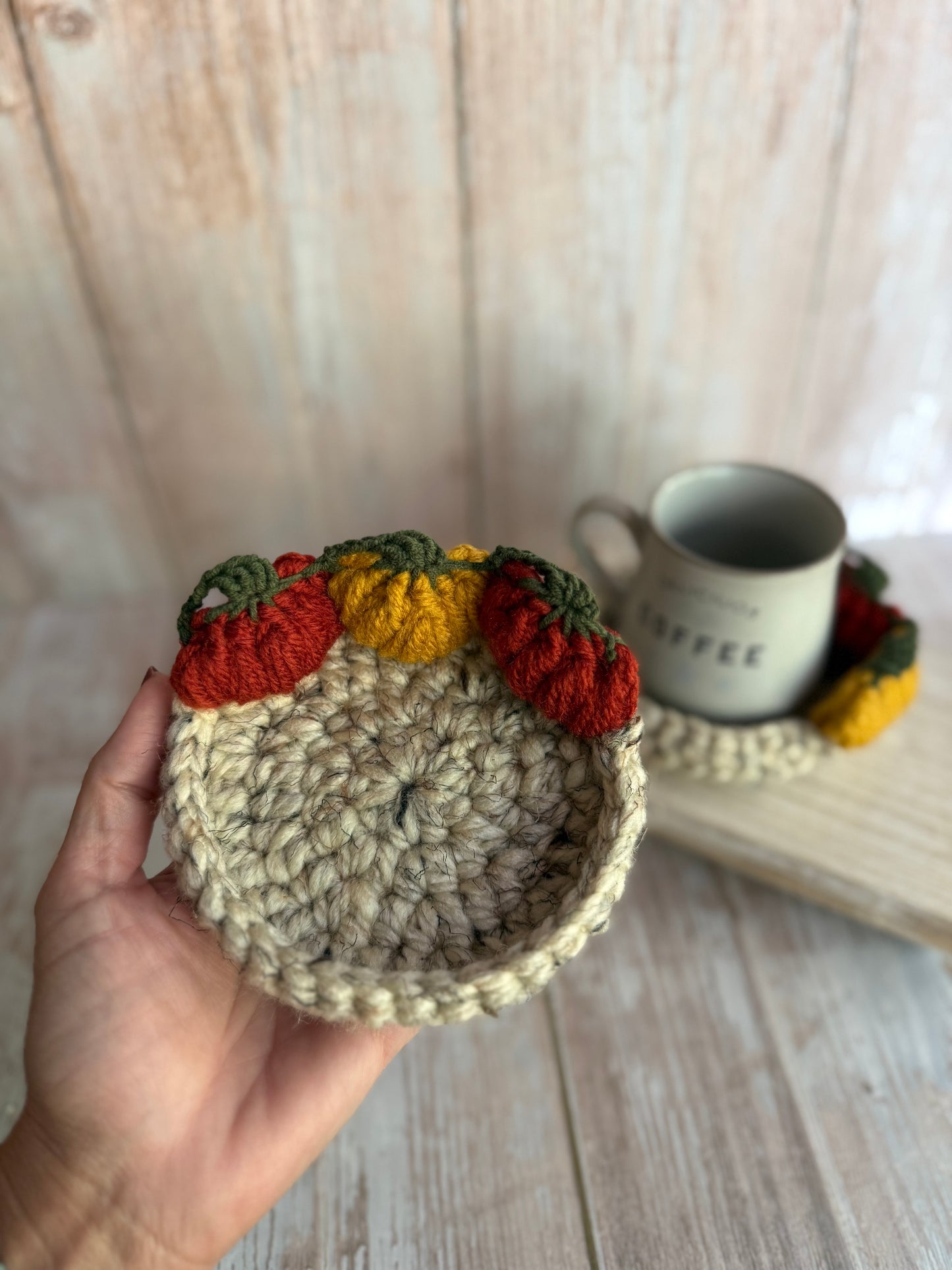 Crochet Pumpkin Patch Coasters, Handmade Fall Coasters, Rustic Pumpkin Design, Autumn Harvest Crochet Coasters, Pumpkins, Pumpkin Trio Crochet Coasters, Farmhouse Fall Decor