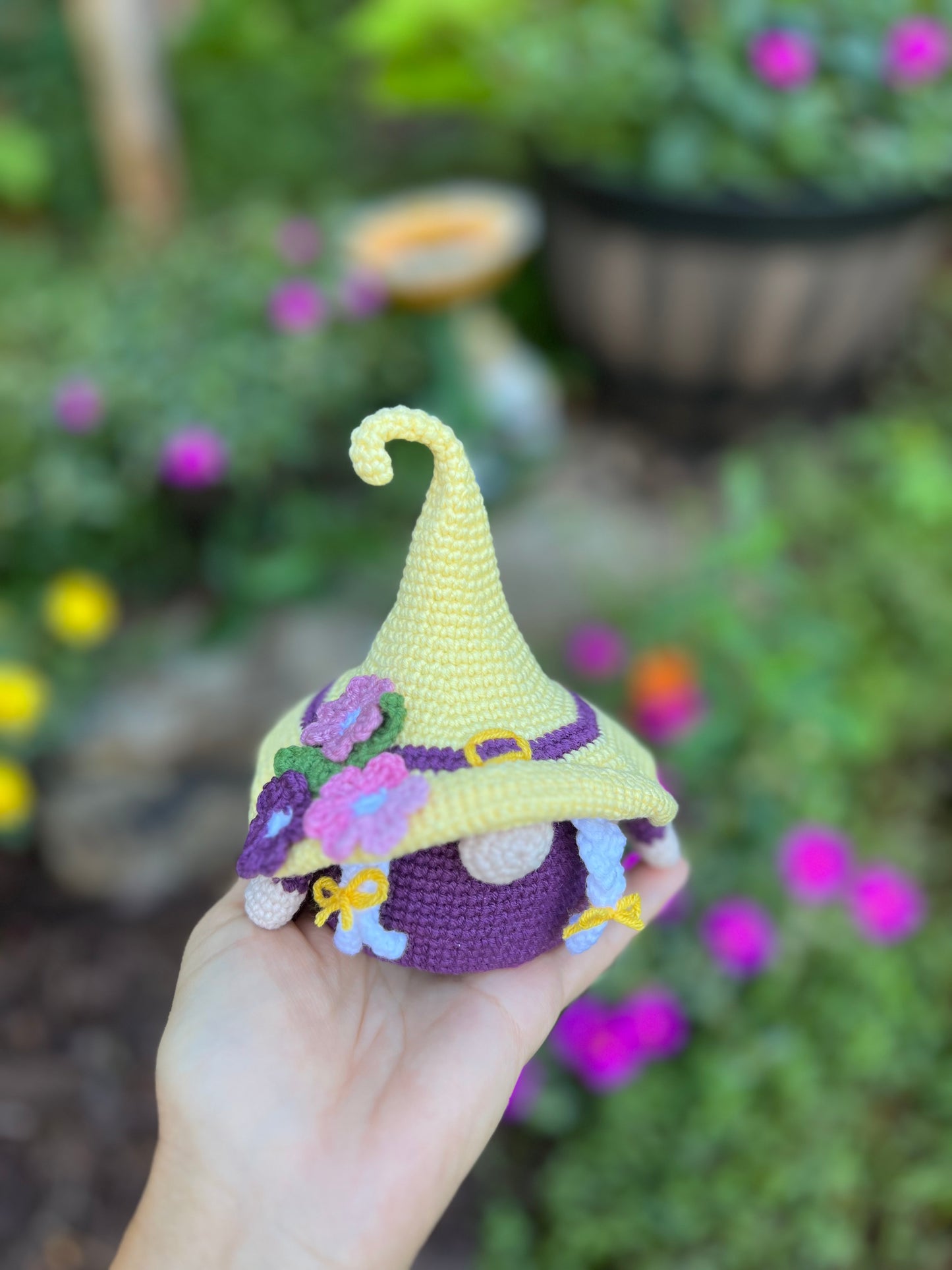 Flora Sunshine The Handcrafted Crochet Gnome Trinket Holder, Handmade Gnome, Tiny Gnome Treasure Box