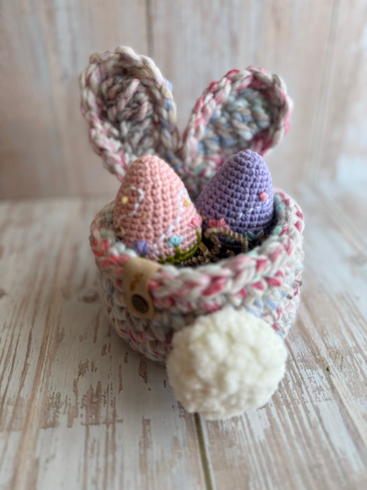 Handmade Bunny Ear Crochet Basket, Easter Bunny Storage Basket, Whimsical Bunny Tail Basket, Pastel Bunny Basket – Cute & Cozy, Chunky Crochet Bunny Basket