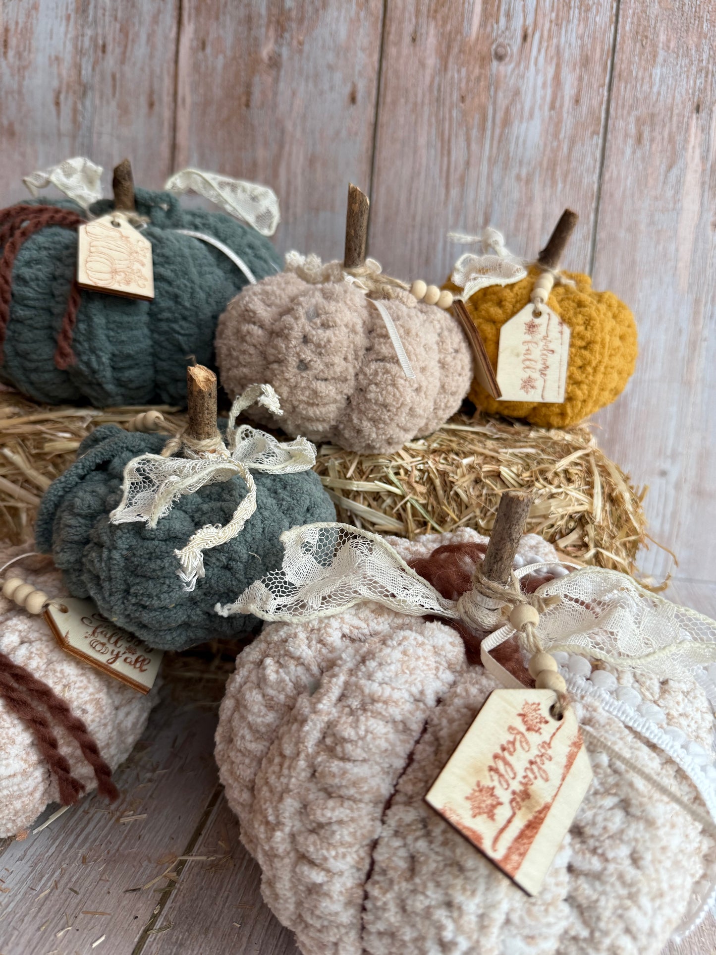 Rustic Crochet Pumpkins, Handmade Fall Decoration, Harvest Collection Crochet Pumpkin, Handmade Fluffy Yarn Pumpkins with Rustic Wooden Stems, Mustard, Beige & Teal