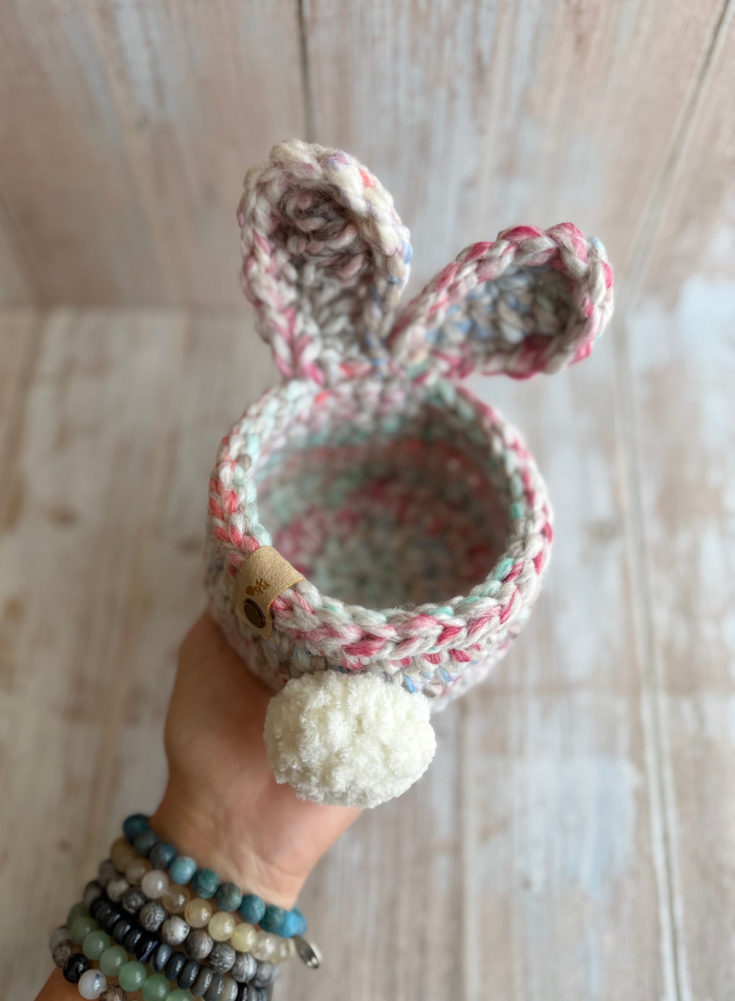 Handmade Bunny Ear Crochet Basket, Easter Bunny Storage Basket, Whimsical Bunny Tail Basket, Pastel Bunny Basket – Cute & Cozy, Chunky Crochet Bunny Basket