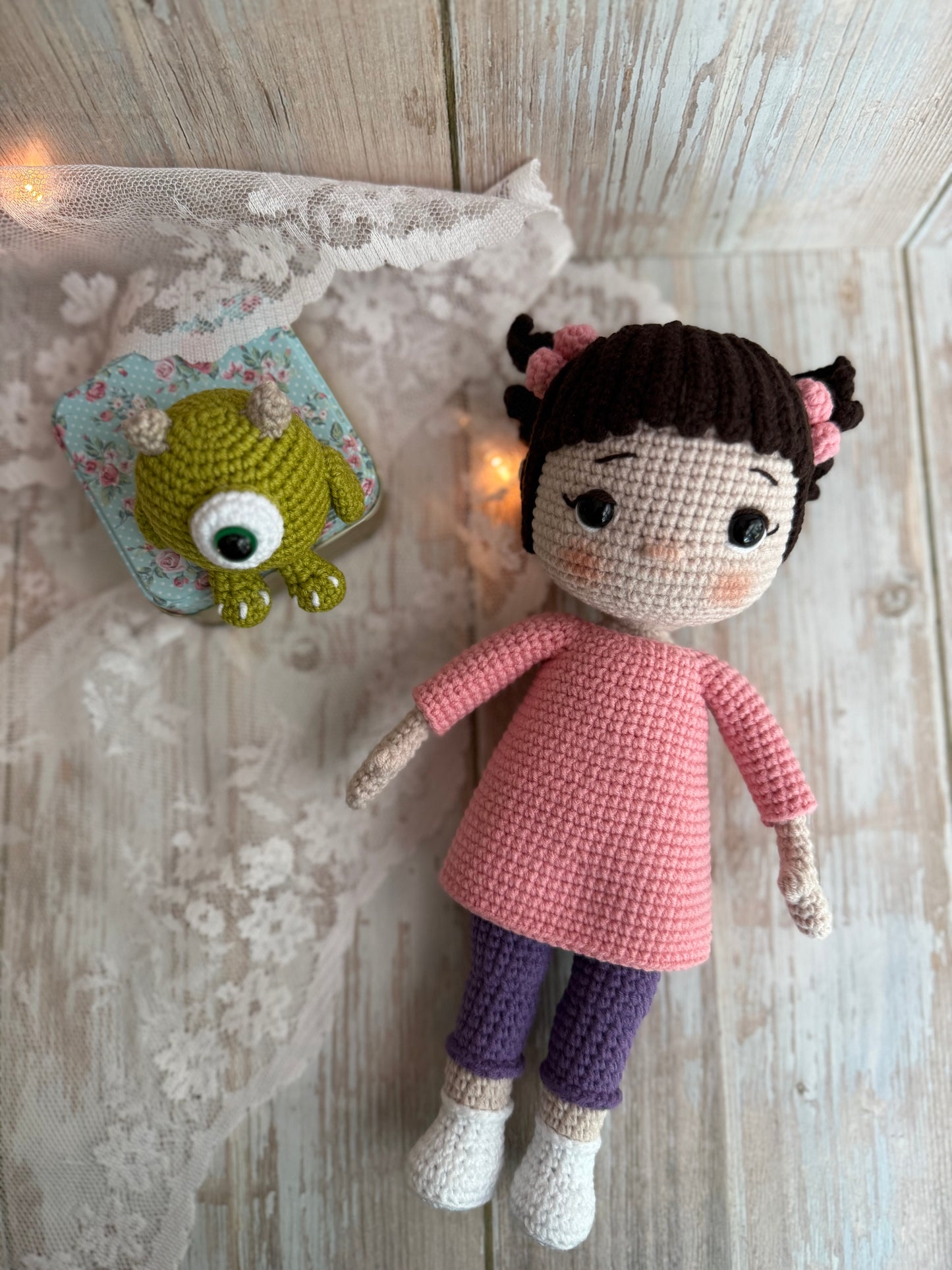 Mini Monster Friends – Boo & Mike Crochet Set, Sweet Boo & Her Monster Buddy – Handcrafted Plushies, Unique Gift Idea