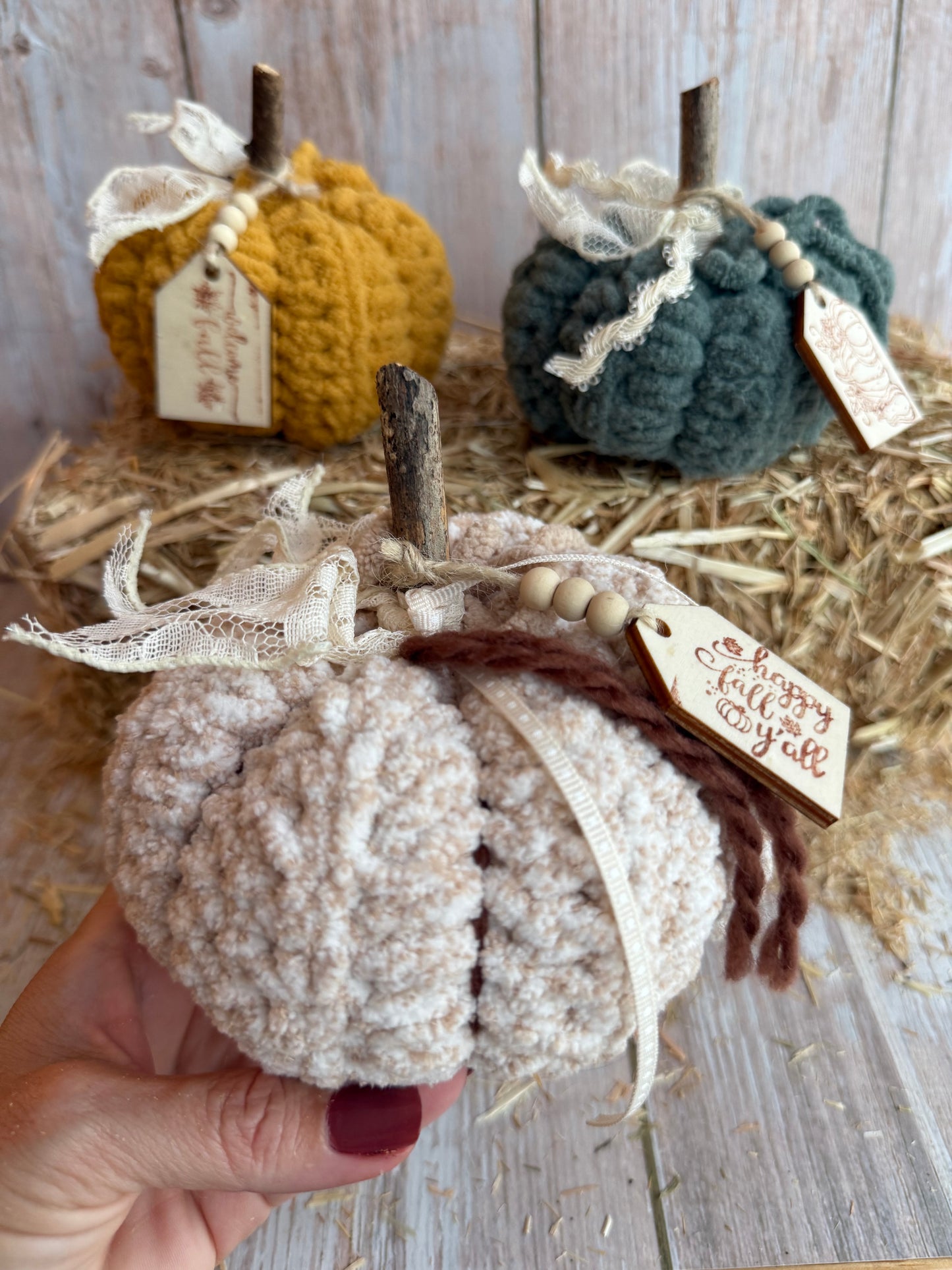 Rustic Crochet Pumpkins, Handmade Fall Decoration, Harvest Collection Crochet Pumpkin, Handmade Fluffy Yarn Pumpkins with Rustic Wooden Stems, Mustard, Beige & Teal