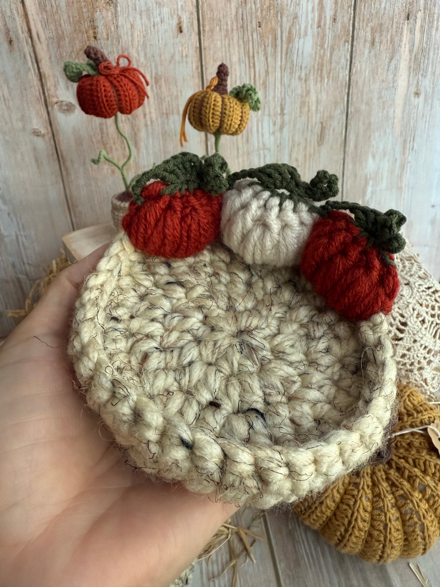 Crochet Pumpkin Patch Coasters, Handmade Fall Coasters, Rustic Pumpkin Design, Autumn Harvest Crochet Coasters, Pumpkins, Pumpkin Trio Crochet Coasters, Farmhouse Fall Decor