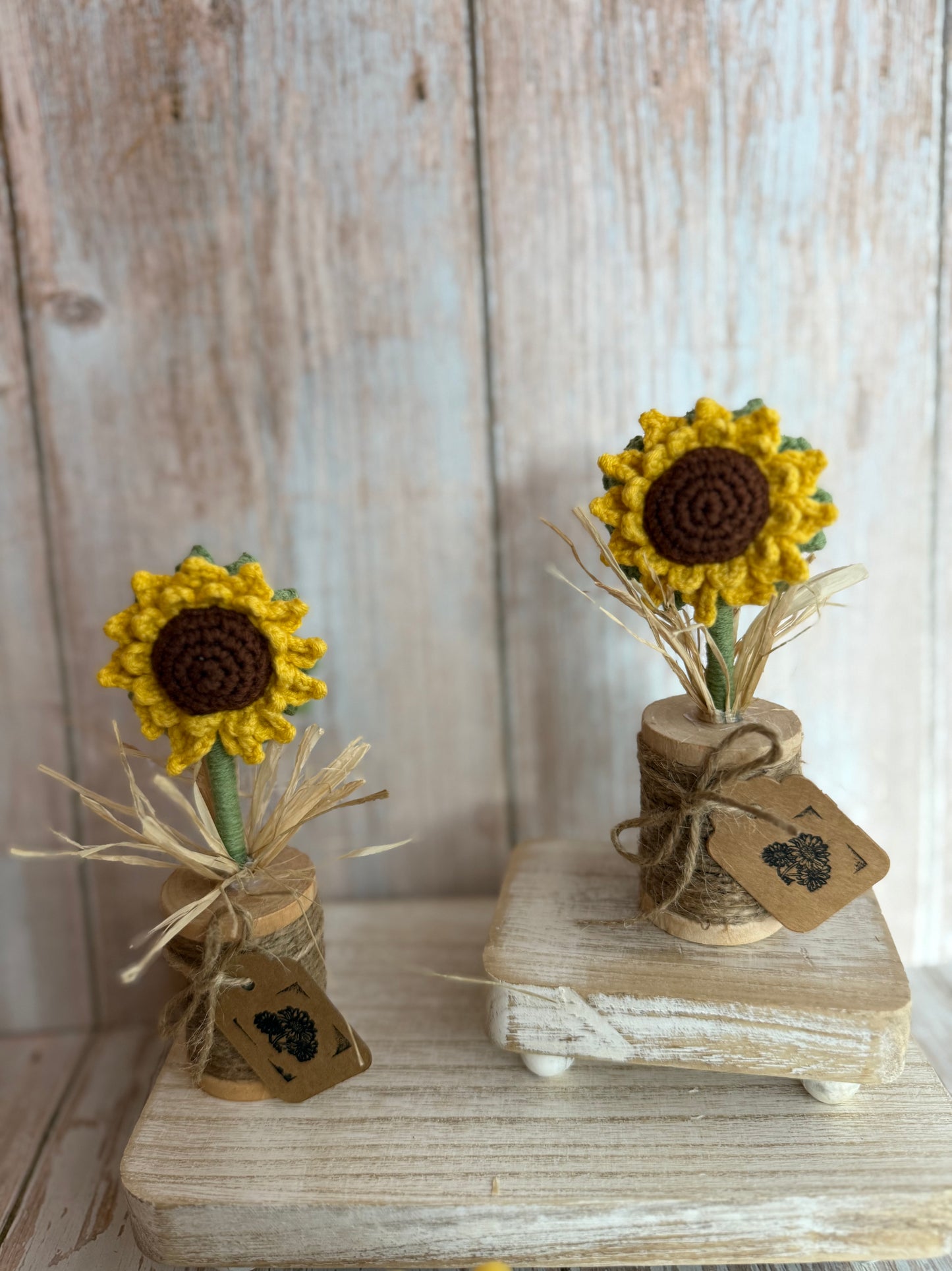 Rustic Crochet Sunflower Arrangement in Wooden Spool Vase, Handcrafted Sunflower Ornament, Crochet Flower in Twine Wrapped Spool, Farmhouse Style Crochet Sunflower with Wooden Spool Base, Boho Rustic Crochet Sunflower Tabletop Decoration