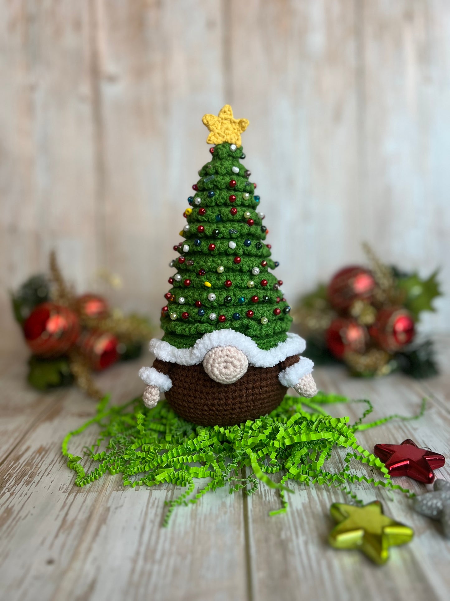 Christmas Tree Gnome with Ornaments and Star Topper, Unique Holiday Decor, Handmade Christmas Tree