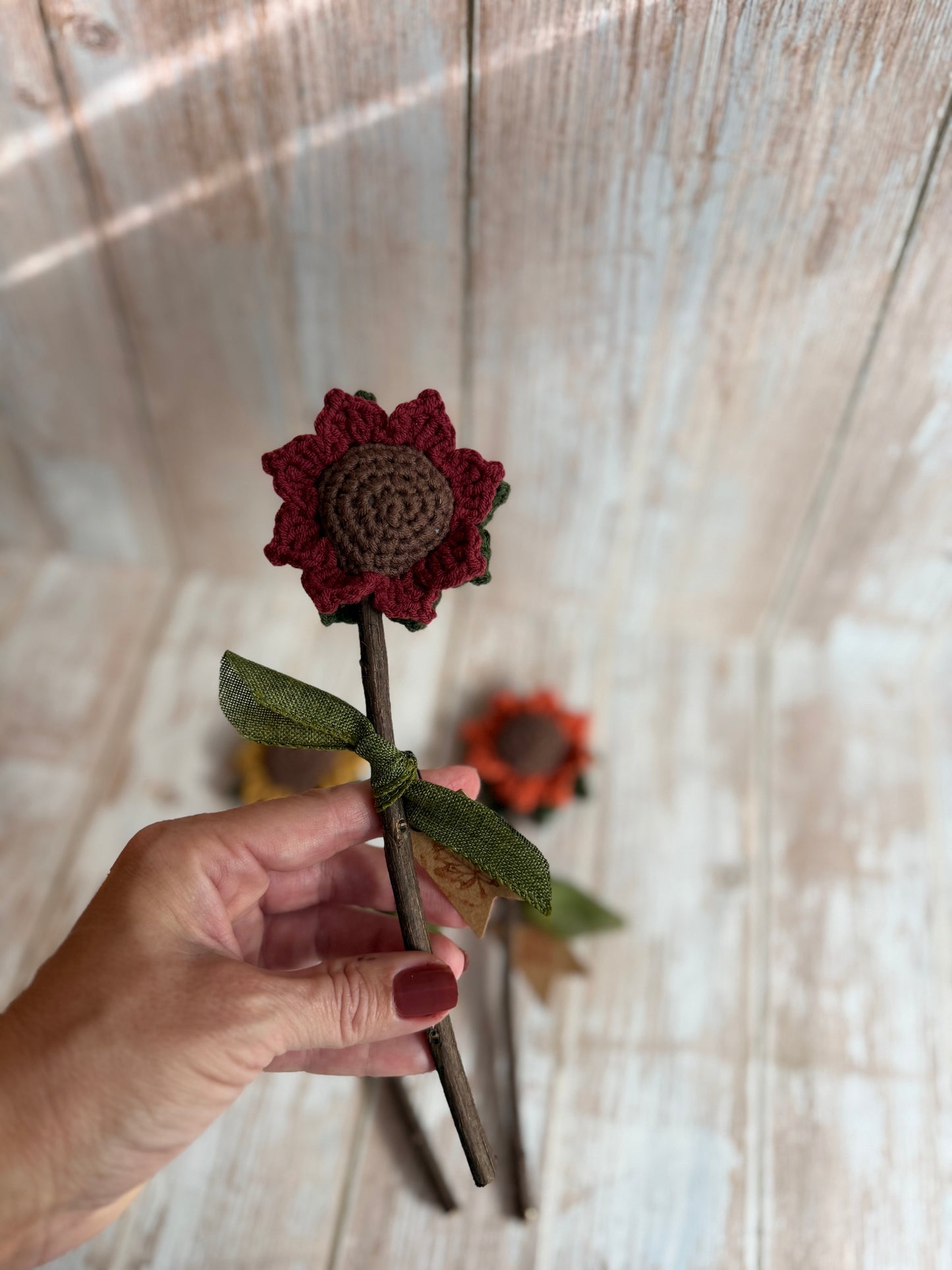 Sunflowers With Real Twig Stems, Crochet Sunflowers Real Twig Stem Details, Handmade Crochet Sunflower, Rustic Crochet Sunflower