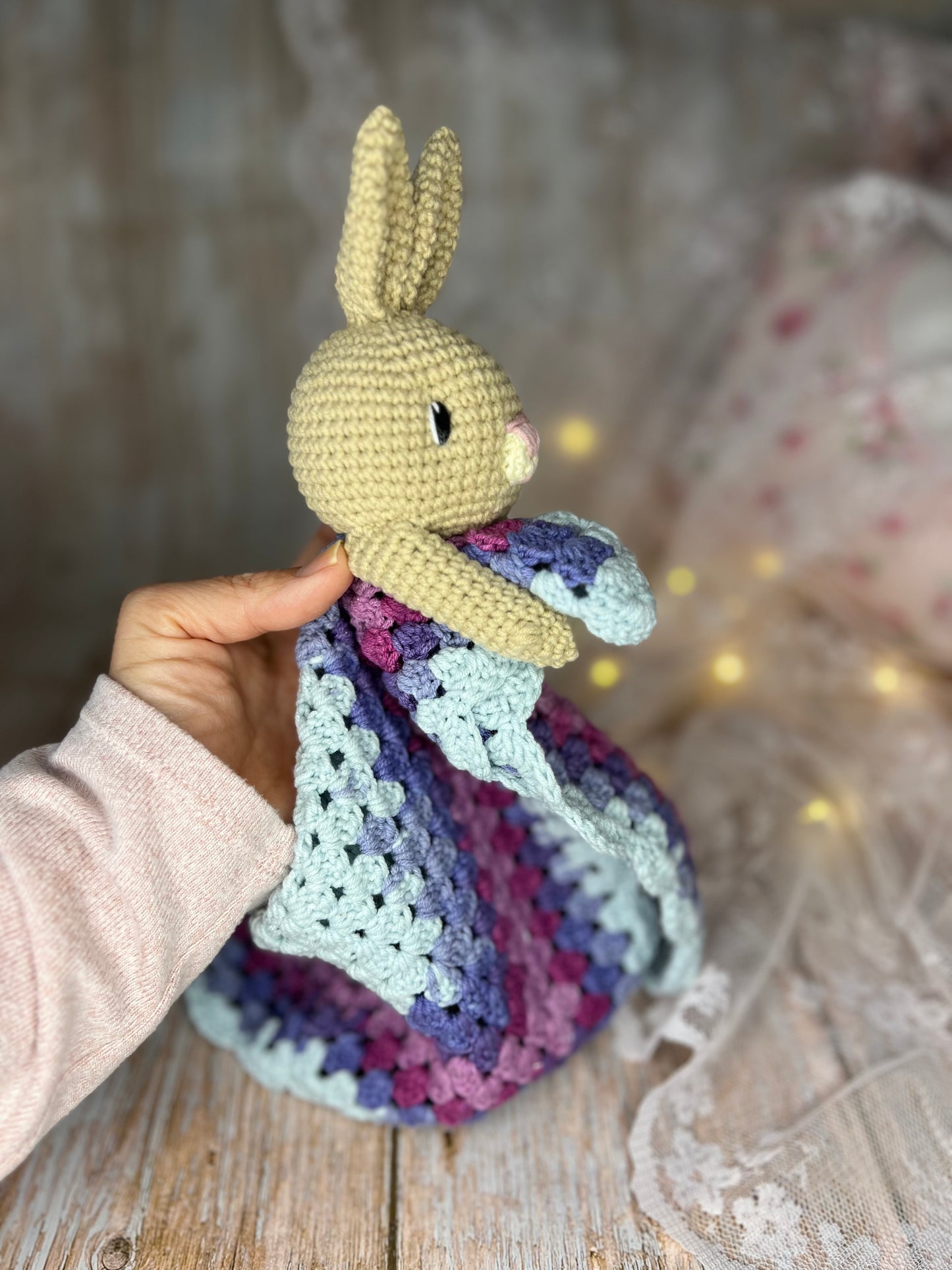 Bunny Lovey Blanket, Handmade Bunny Lovey, Readymade, Handcrafted Snuggler, Handmade Toys, Custom Baby Gifts, Artisan Crochet Toys, Artisanal Baby Shower Presents