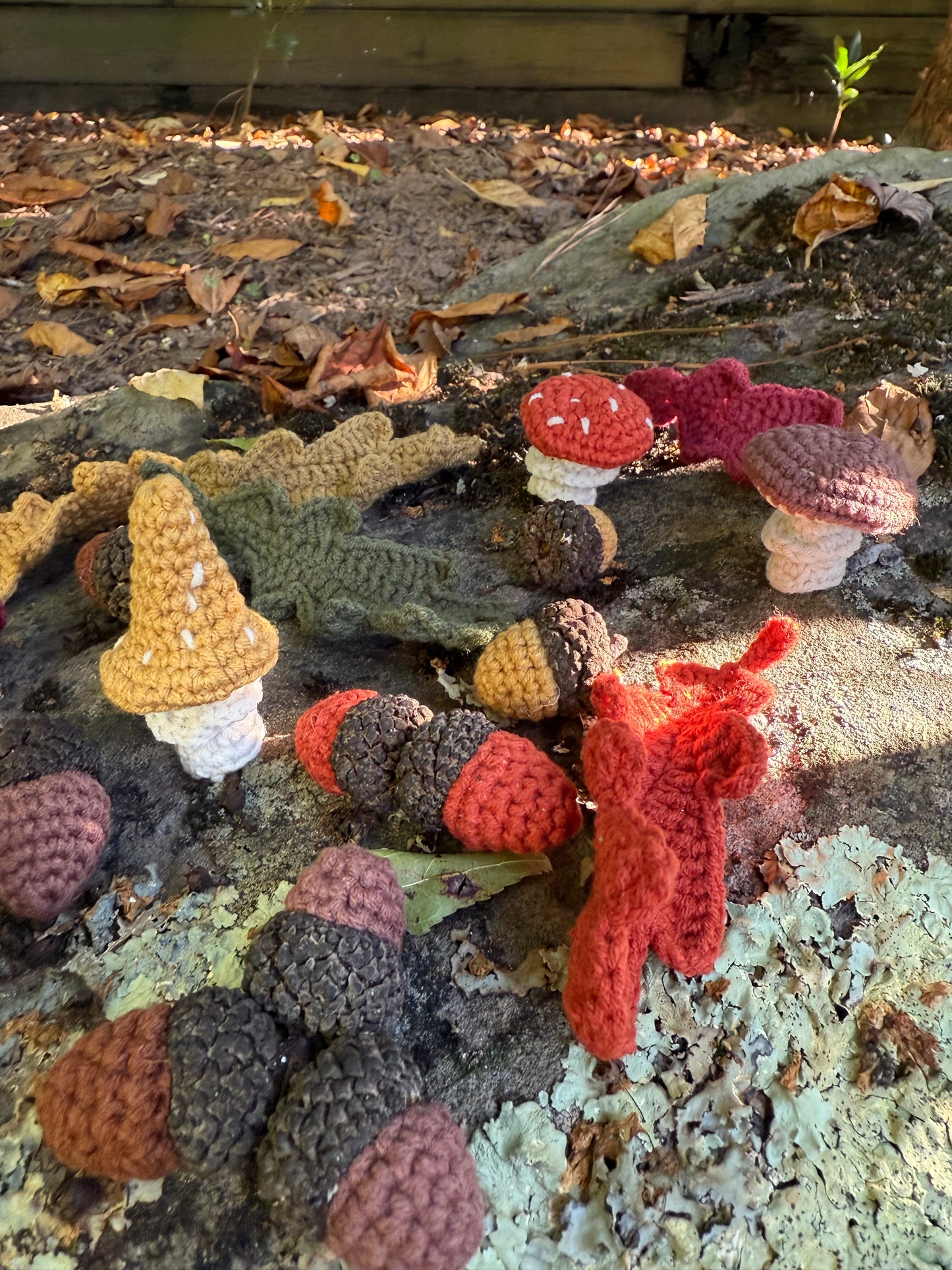 Crochet Fall Nature Set – Mushrooms, Acorns & Leaves, Handmade Fall Forest Set – Crochet Acorns, Mushrooms & Leaves, Mini Fall Forest Crochet Set – Nature-Inspired Table Decor