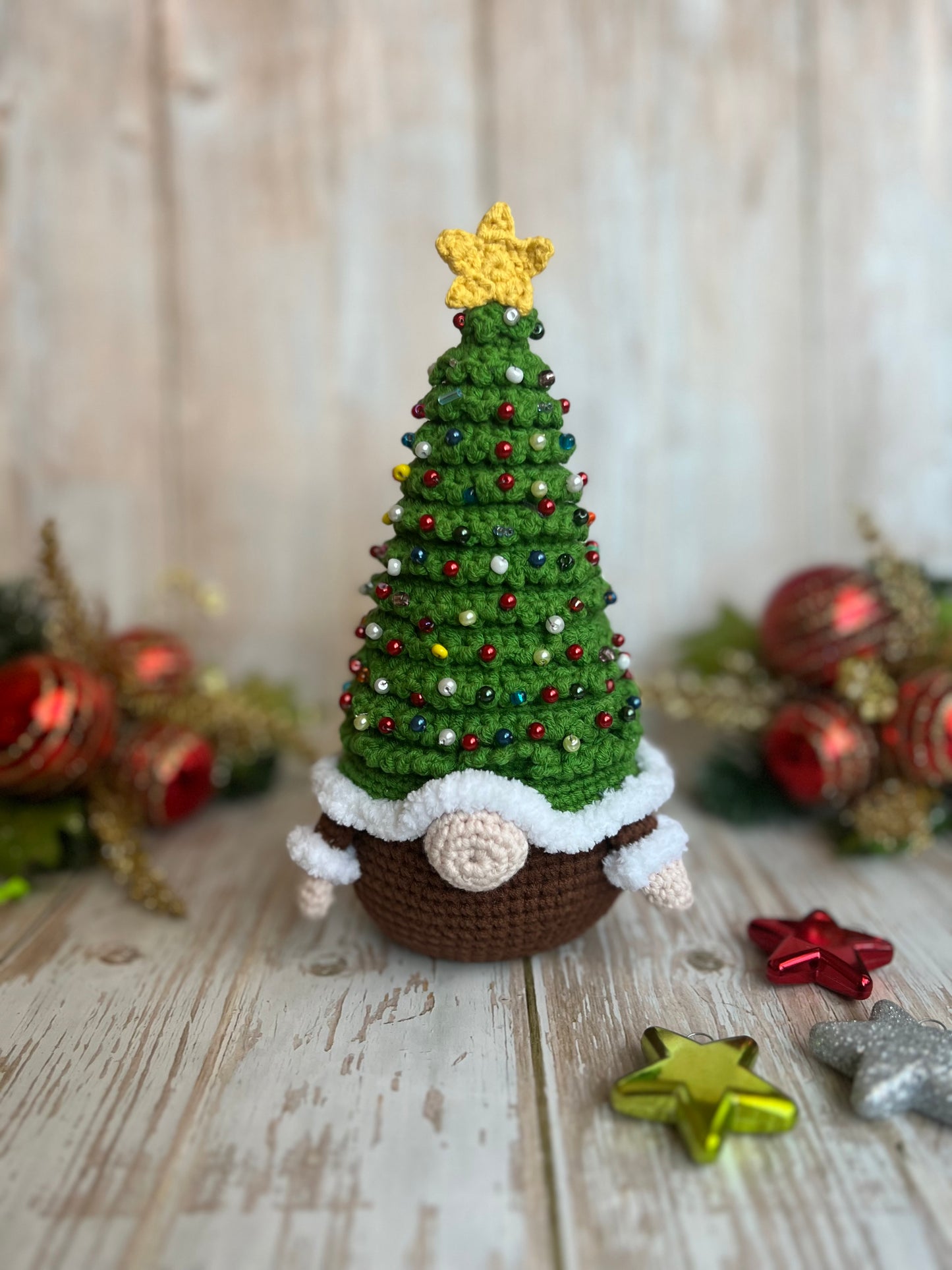 Christmas Tree Gnome with Ornaments and Star Topper, Unique Holiday Decor, Handmade Christmas Tree
