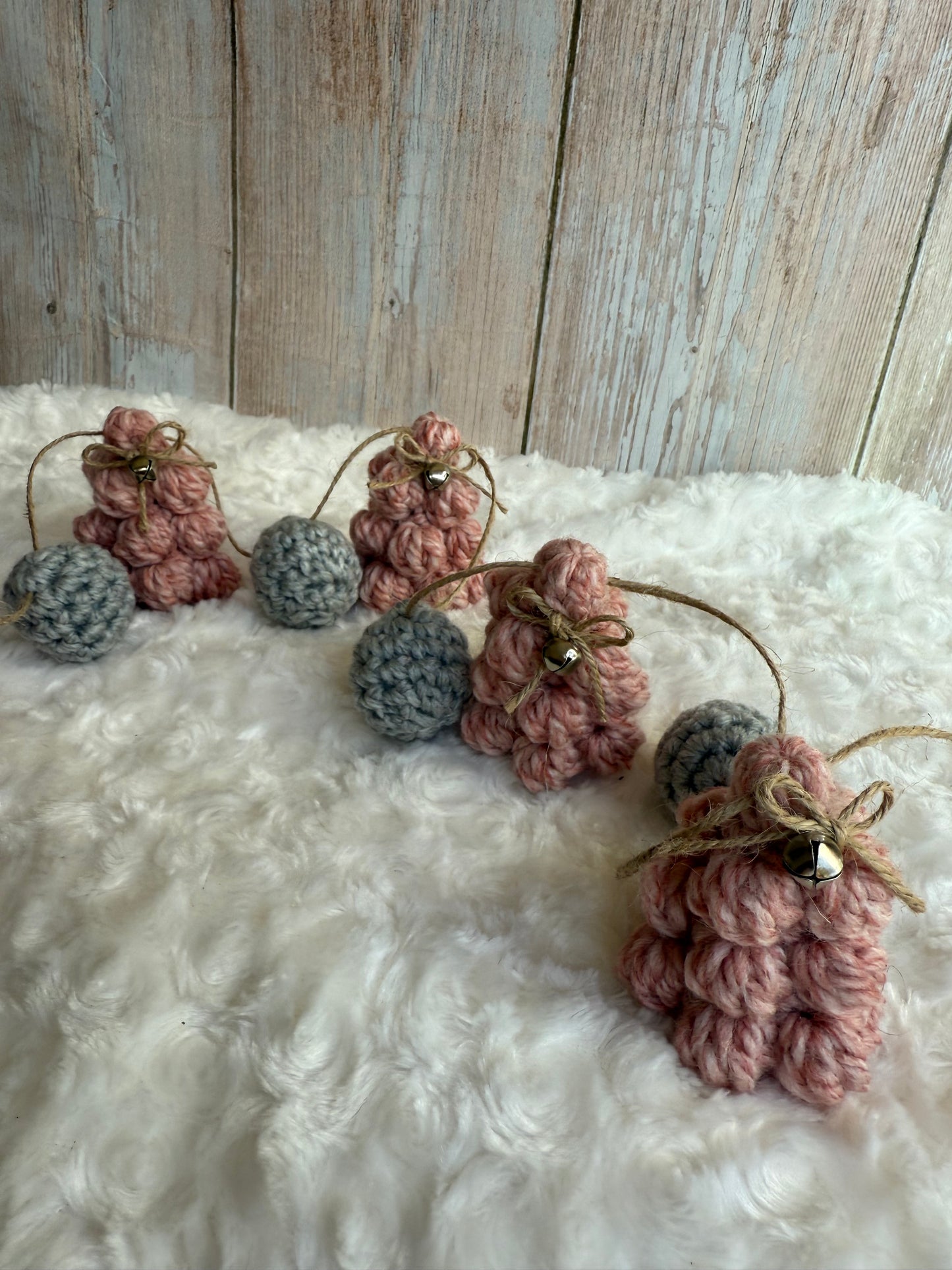 Blush & Gray Crochet Christmas Tree Garland, Handmade Chunky Tree Garland with Jingle Bells, Rustic Pink Crochet Tree Garland Cozy Holiday Decor, Crochet Tree and Pom Garland Blush & Gray Winter Charm, Rustic Farmhouse Garland Pink Trees with Bells
