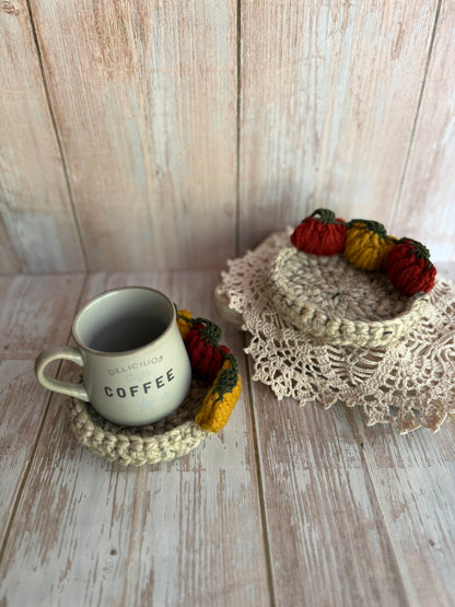 Crochet Pumpkin Patch Coasters, Handmade Fall Coasters, Rustic Pumpkin Design, Autumn Harvest Crochet Coasters, Pumpkins, Pumpkin Trio Crochet Coasters, Farmhouse Fall Decor
