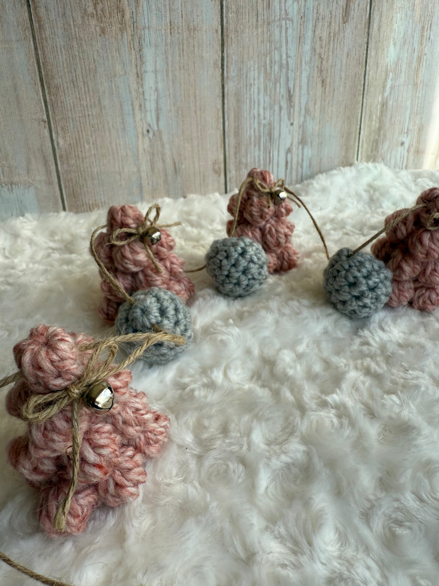 Blush & Gray Crochet Christmas Tree Garland, Handmade Chunky Tree Garland with Jingle Bells, Rustic Pink Crochet Tree Garland Cozy Holiday Decor, Crochet Tree and Pom Garland Blush & Gray Winter Charm, Rustic Farmhouse Garland Pink Trees with Bells