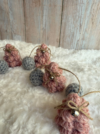 Blush & Gray Crochet Christmas Tree Garland, Handmade Chunky Tree Garland with Jingle Bells, Rustic Pink Crochet Tree Garland Cozy Holiday Decor, Crochet Tree and Pom Garland Blush & Gray Winter Charm, Rustic Farmhouse Garland Pink Trees with Bells