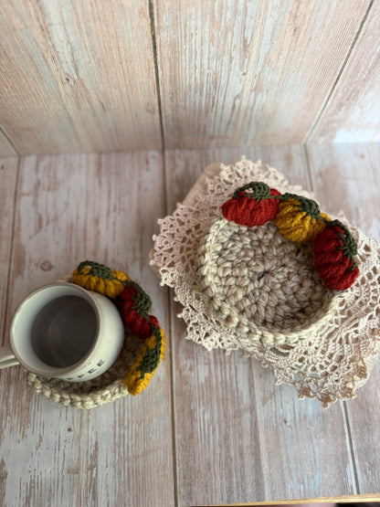 Crochet Pumpkin Patch Coasters, Handmade Fall Coasters, Rustic Pumpkin Design, Autumn Harvest Crochet Coasters, Pumpkins, Pumpkin Trio Crochet Coasters, Farmhouse Fall Decor