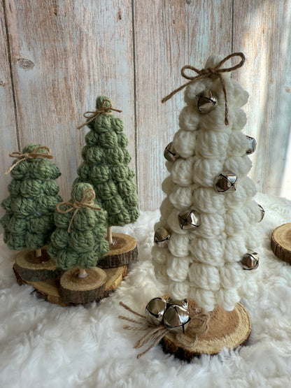 Crocheted Chunky Yarn Christmas Tree with Bells, Rustic Knit Holiday Tree on Wooden Base, Handmade Cozy Gray Christmas Tree Decoration, Chunky Crochet Tree with Jingle Bells – Farmhouse Holiday Decor, Scandinavian Style Wool Christmas Tree Ornament