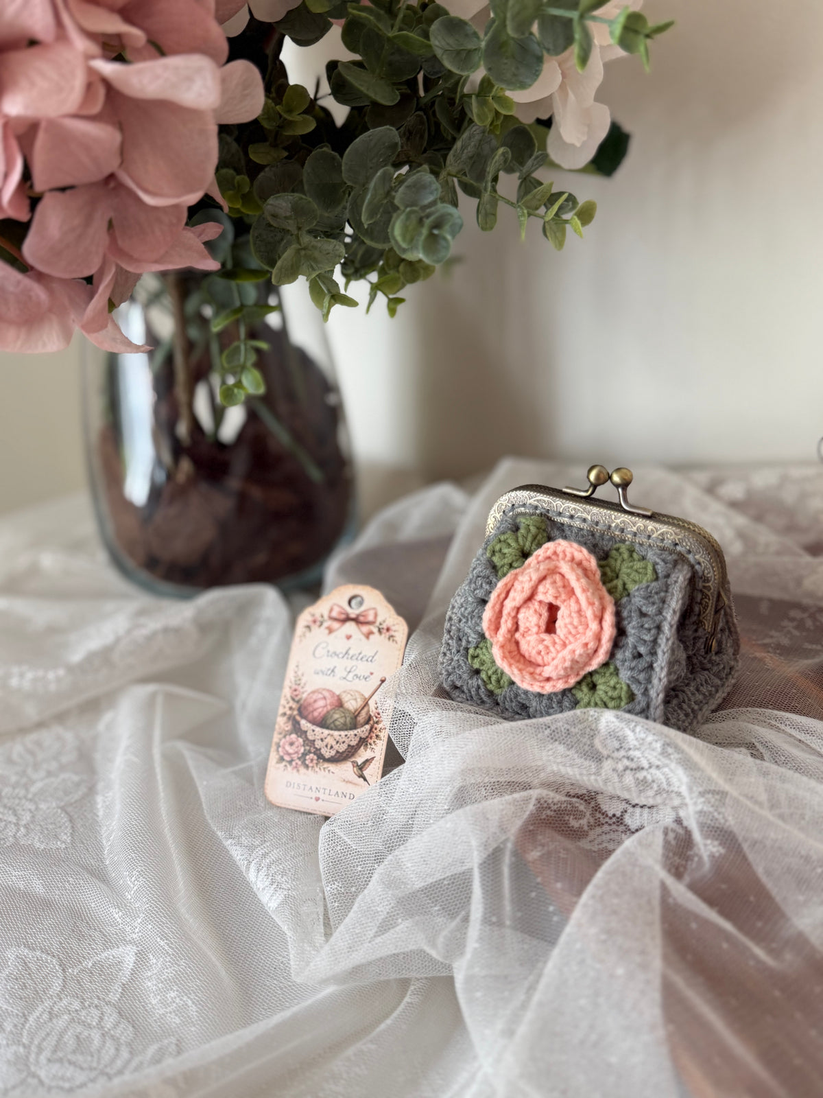 Vintage Floral Crochet Coin Purse with Pink Rose, Metal Frame & Floral Lining