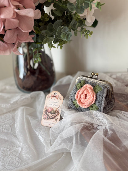 Vintage Floral Crochet Coin Purse with Pink Rose, Metal Frame & Floral Lining