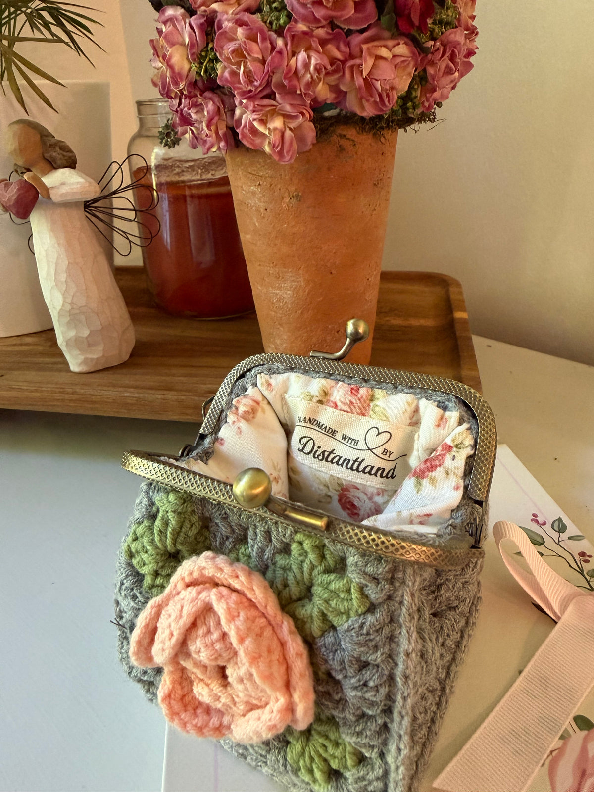 Vintage Floral Crochet Coin Purse with Pink Rose, Metal Frame & Floral Lining