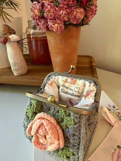 Vintage Floral Crochet Coin Purse with Pink Rose, Metal Frame & Floral Lining