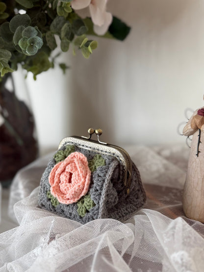 Vintage Floral Crochet Coin Purse with Pink Rose, Metal Frame & Floral Lining