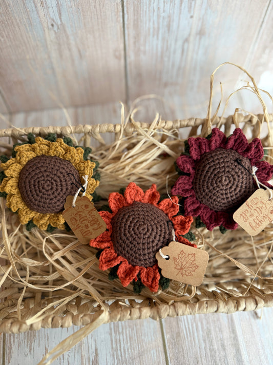 Mini Crochet Sunflowers Mustard, Orange & Maroon, Fall Tiered Tray or Hanging Decor, Crochet Sunflowers Fall Colors, Tiered Tray & Hanging Decoration, Rustic Farmhouse Crochet Sunflowers