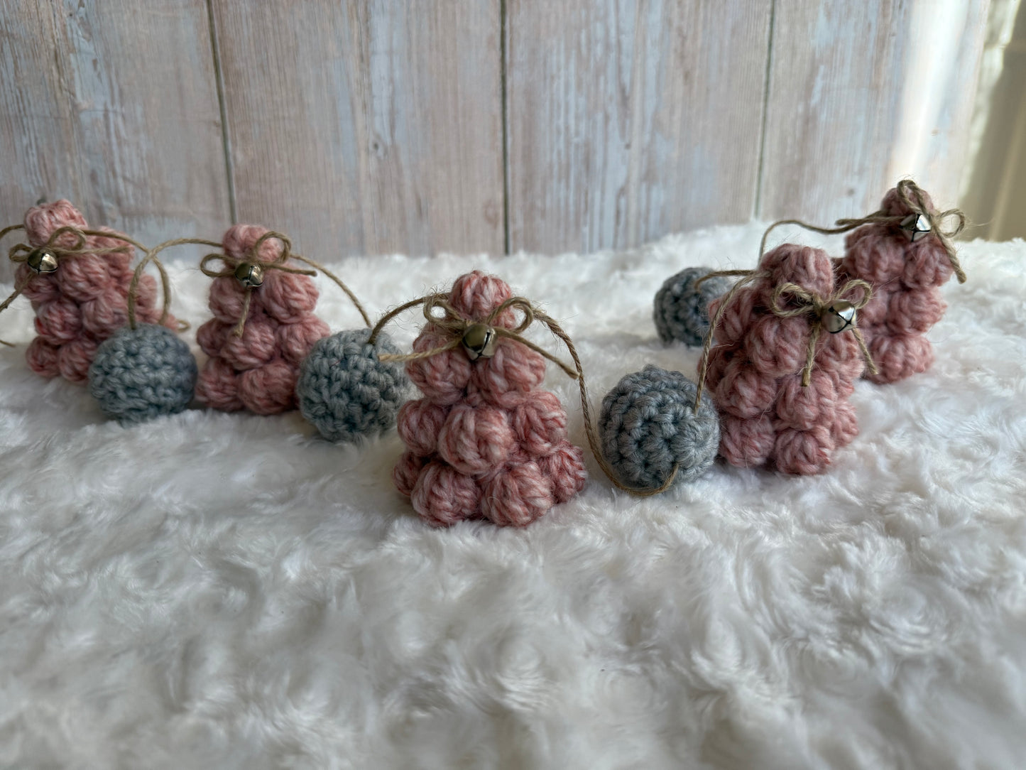 Blush & Gray Crochet Christmas Tree Garland, Handmade Chunky Tree Garland with Jingle Bells, Rustic Pink Crochet Tree Garland Cozy Holiday Decor, Crochet Tree and Pom Garland Blush & Gray Winter Charm, Rustic Farmhouse Garland Pink Trees with Bells