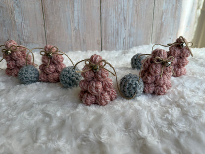 Blush & Gray Crochet Christmas Tree Garland, Handmade Chunky Tree Garland with Jingle Bells, Rustic Pink Crochet Tree Garland Cozy Holiday Decor, Crochet Tree and Pom Garland Blush & Gray Winter Charm, Rustic Farmhouse Garland Pink Trees with Bells