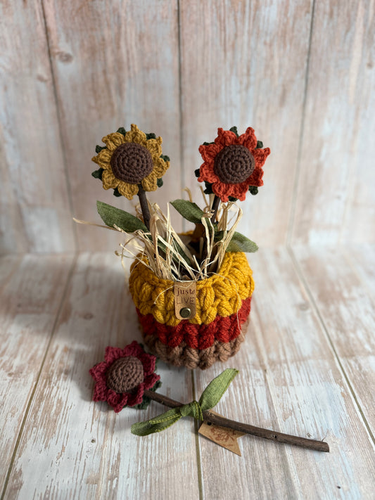 Sunflowers With Real Twig Stems, Crochet Sunflowers Real Twig Stem Details, Handmade Crochet Sunflower, Rustic Crochet Sunflower