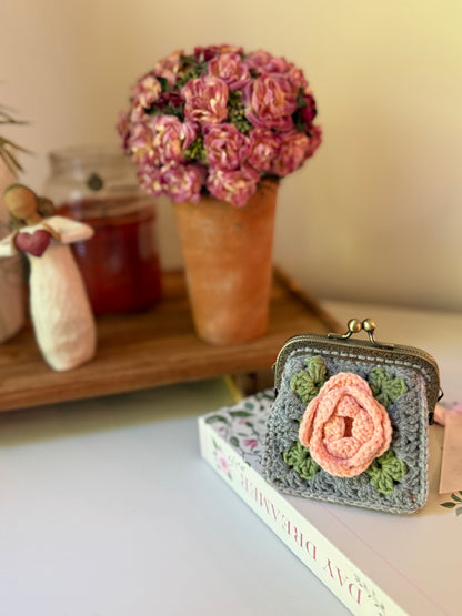 Vintage Floral Crochet Coin Purse with Pink Rose, Metal Frame & Floral Lining