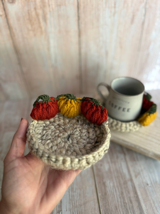Crochet Pumpkin Patch Coasters, Handmade Fall Coasters, Rustic Pumpkin Design, Autumn Harvest Crochet Coasters, Pumpkins, Pumpkin Trio Crochet Coasters, Farmhouse Fall Decor