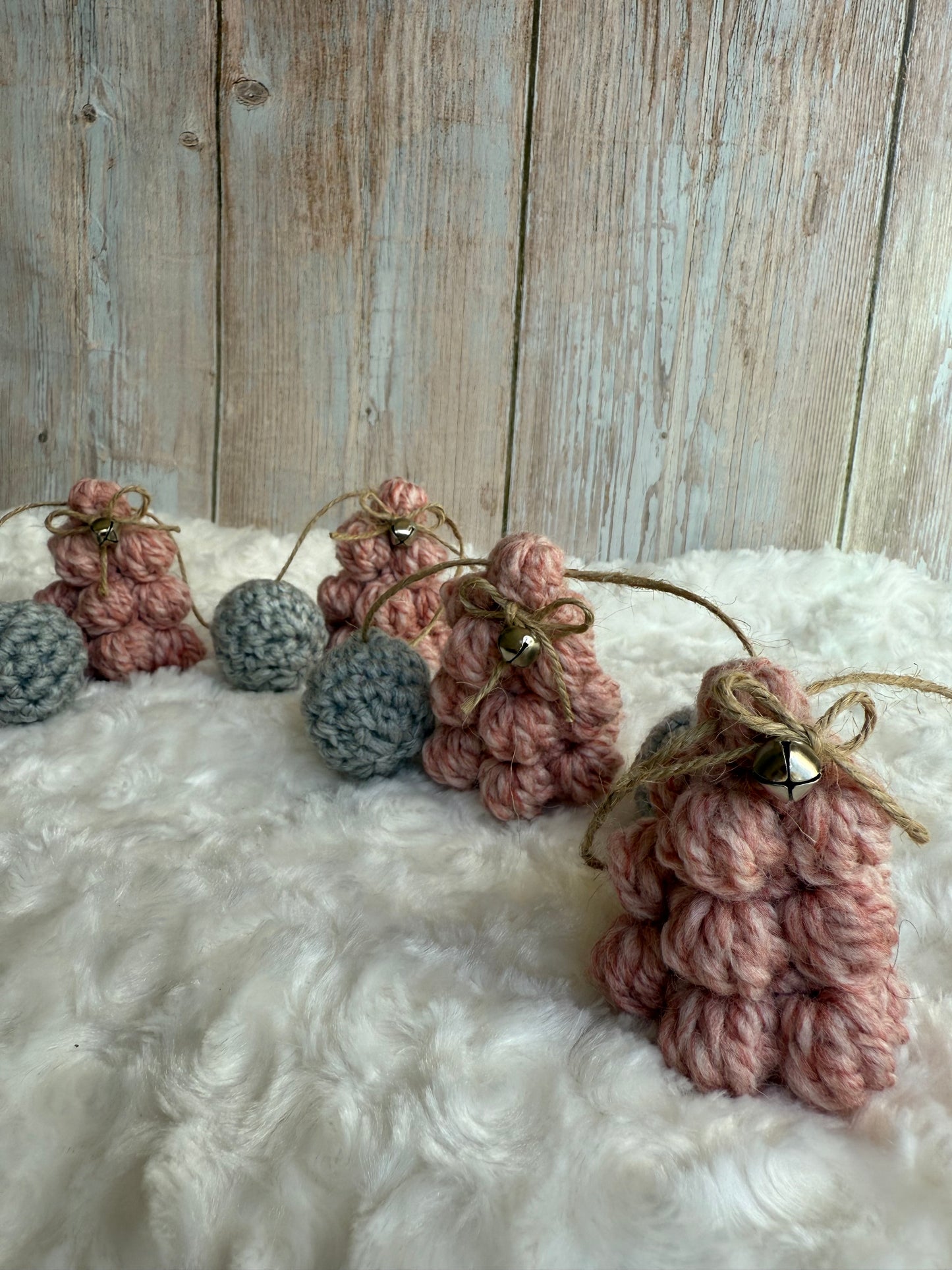 Blush & Gray Crochet Christmas Tree Garland, Handmade Chunky Tree Garland with Jingle Bells, Rustic Pink Crochet Tree Garland Cozy Holiday Decor, Crochet Tree and Pom Garland Blush & Gray Winter Charm, Rustic Farmhouse Garland Pink Trees with Bells