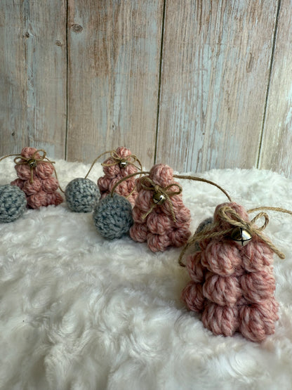 Blush & Gray Crochet Christmas Tree Garland, Handmade Chunky Tree Garland with Jingle Bells, Rustic Pink Crochet Tree Garland Cozy Holiday Decor, Crochet Tree and Pom Garland Blush & Gray Winter Charm, Rustic Farmhouse Garland Pink Trees with Bells