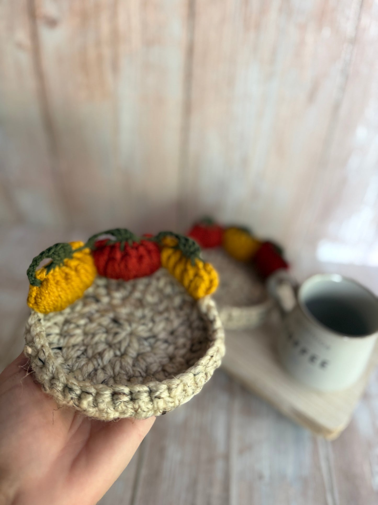 Crochet Pumpkin Patch Coasters, Handmade Fall Coasters, Rustic Pumpkin Design, Autumn Harvest Crochet Coasters, Pumpkins, Pumpkin Trio Crochet Coasters, Farmhouse Fall Decor
