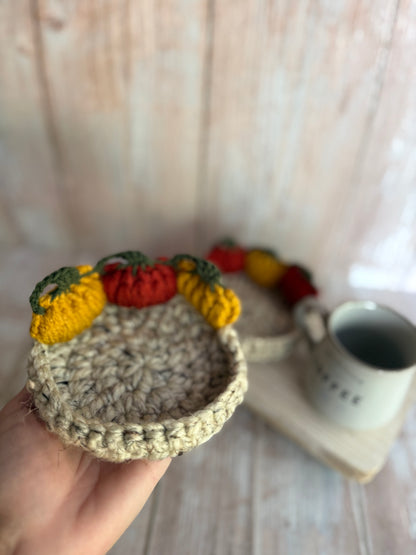 Crochet Pumpkin Patch Coasters, Handmade Fall Coasters, Rustic Pumpkin Design, Autumn Harvest Crochet Coasters, Pumpkins, Pumpkin Trio Crochet Coasters, Farmhouse Fall Decor