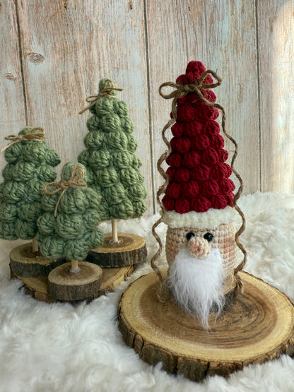 Crocheted Santa Gnome Ornament, Rustic Christmas Santa Decoration, Handmade Santa Gnome with Wooden Base, Crochet Santa Claus – Farmhouse Holiday Decor, Nordic Style Santa Gnome