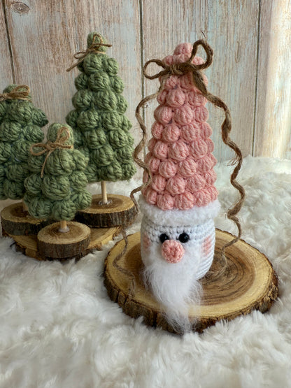Crocheted Santa Gnome Ornament, Rustic Christmas Santa Decoration, Handmade Santa Gnome with Wooden Base, Crochet Santa Claus – Farmhouse Holiday Decor, Nordic Style Santa Gnome