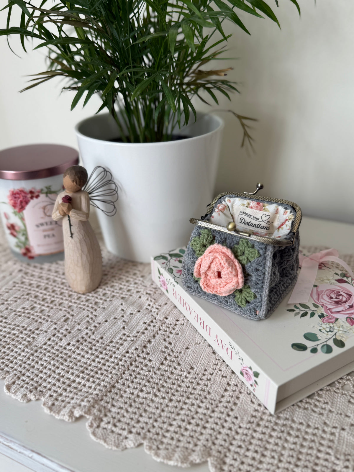 Vintage Floral Crochet Coin Purse with Pink Rose, Metal Frame & Floral Lining