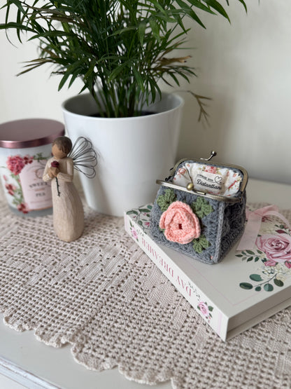 Vintage Floral Crochet Coin Purse with Pink Rose, Metal Frame & Floral Lining