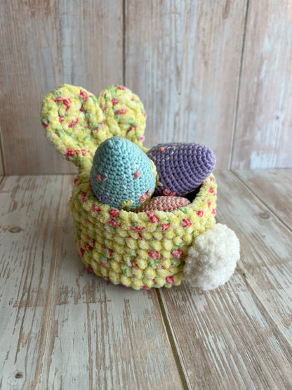 Handmade Plush Bunny Basket – Soft Easter Decoration with Pom-Pom Tail