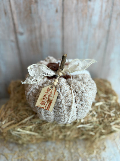 Rustic Crochet Pumpkins, Handmade Fall Decoration, Harvest Collection Crochet Pumpkin, Handmade Fluffy Yarn Pumpkins with Rustic Wooden Stems, Mustard, Beige & Teal