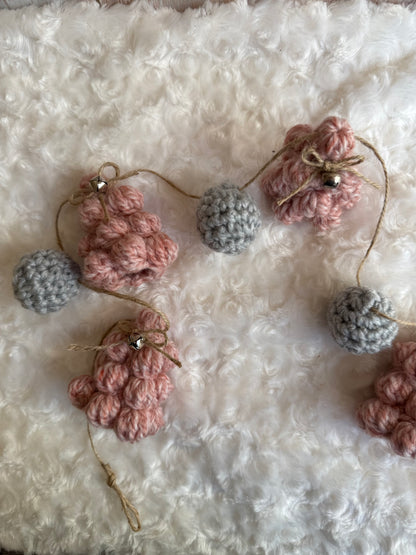 Blush & Gray Crochet Christmas Tree Garland, Handmade Chunky Tree Garland with Jingle Bells, Rustic Pink Crochet Tree Garland Cozy Holiday Decor, Crochet Tree and Pom Garland Blush & Gray Winter Charm, Rustic Farmhouse Garland Pink Trees with Bells