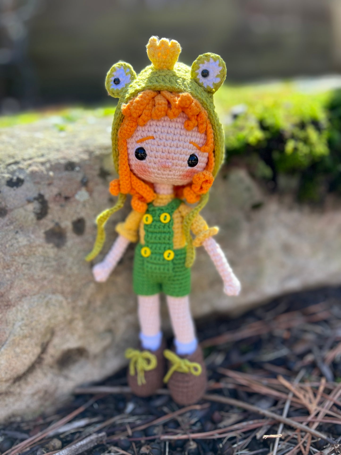 Tiny Girl With A Frog Hat Amigurumi Crochet Doll, Handmade Knitted, Ready Made,  Kids Gifts, Artisan Doll, Collectible Handmade Plushies, Unique Nursery Decor