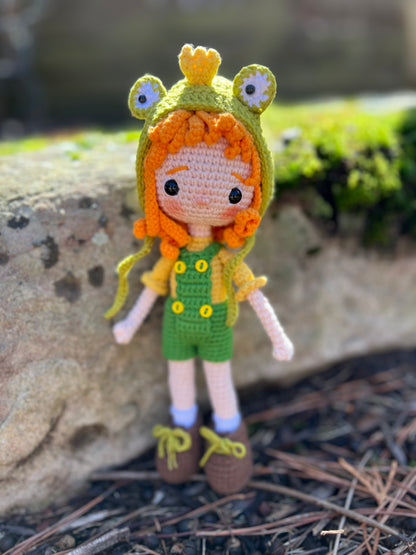 Tiny Girl With A Frog Hat Amigurumi Crochet Doll, Handmade Knitted, Ready Made,  Kids Gifts, Artisan Doll, Collectible Handmade Plushies, Unique Nursery Decor
