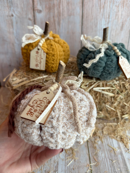 Rustic Crochet Pumpkins, Handmade Fall Decoration, Harvest Collection Crochet Pumpkin, Handmade Fluffy Yarn Pumpkins with Rustic Wooden Stems, Mustard, Beige & Teal